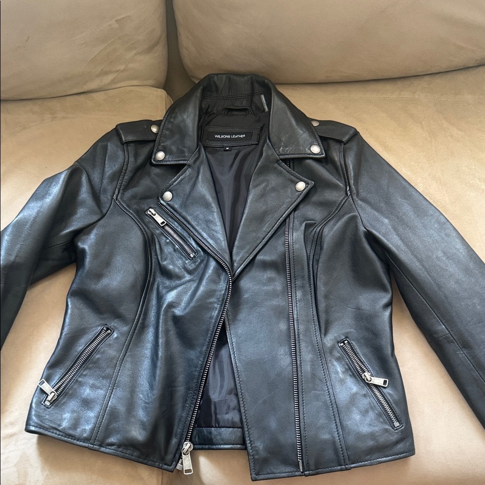 Wilsons Leather Black Biker Jacket with Metallic Accents